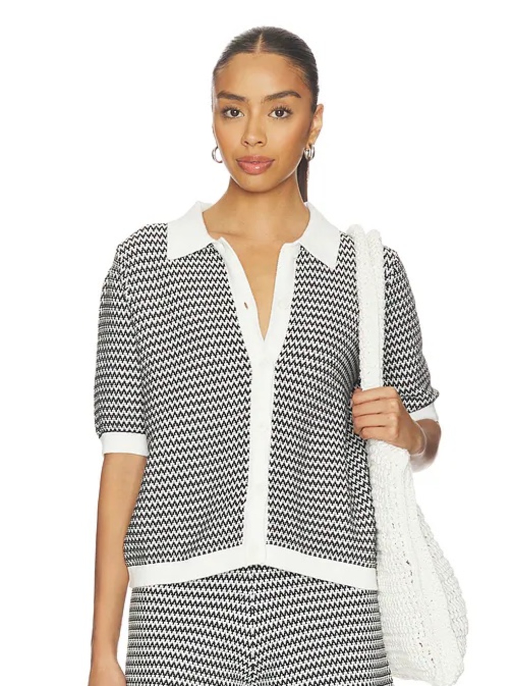 Varley Gaelle Polo Knit Top in Snow White/ Black XL - Picture 4 of 5